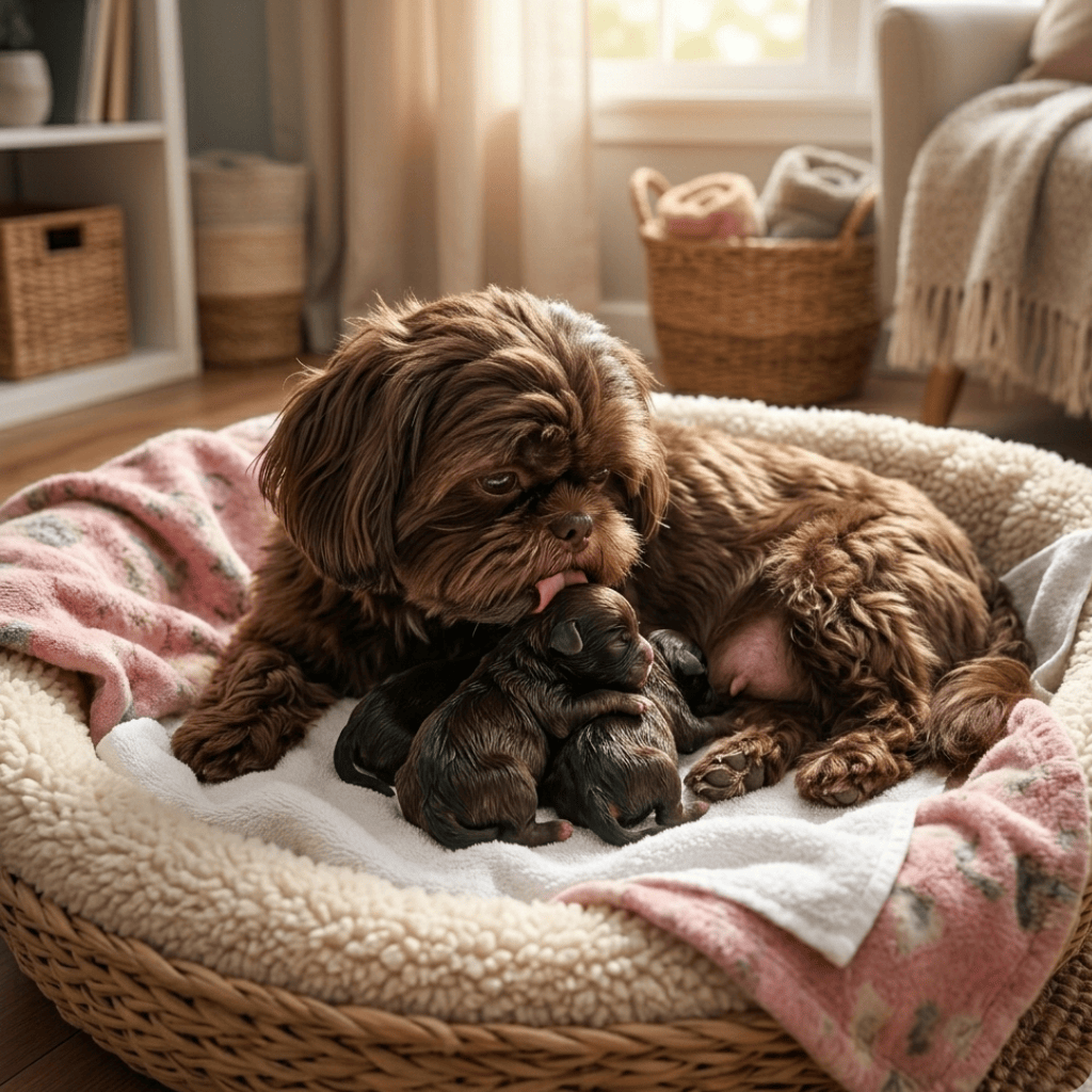 Chocolate Shih Tzu Giving Birth to three Puppies (1)