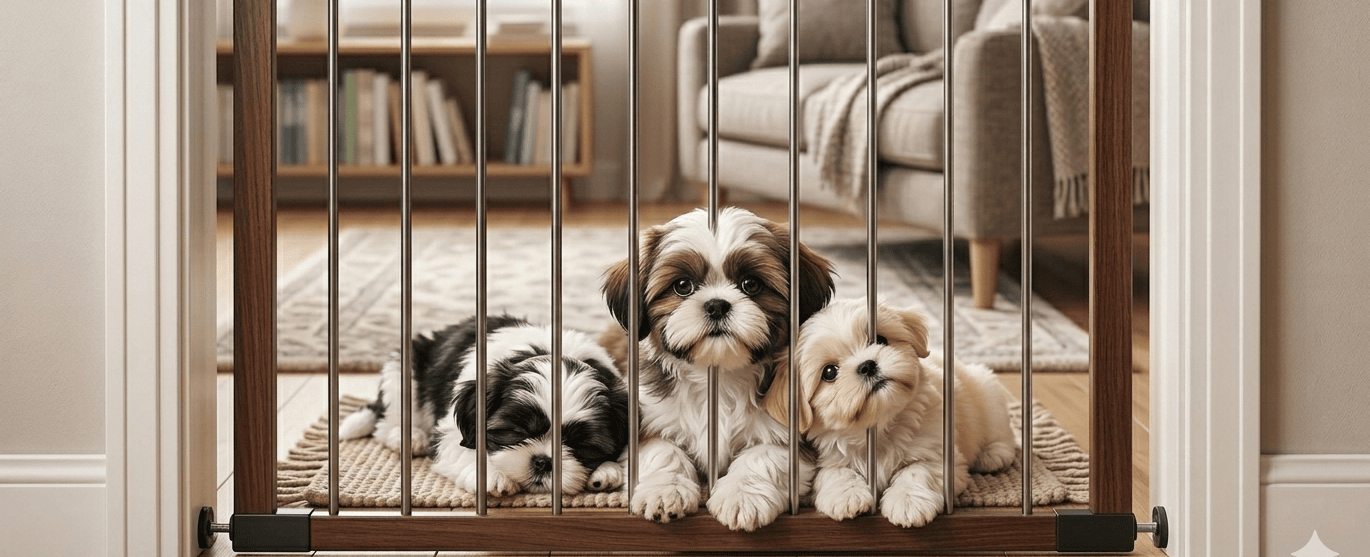 Three Cute Shih Tzu Puppies Relaxing In A Doorway (1)